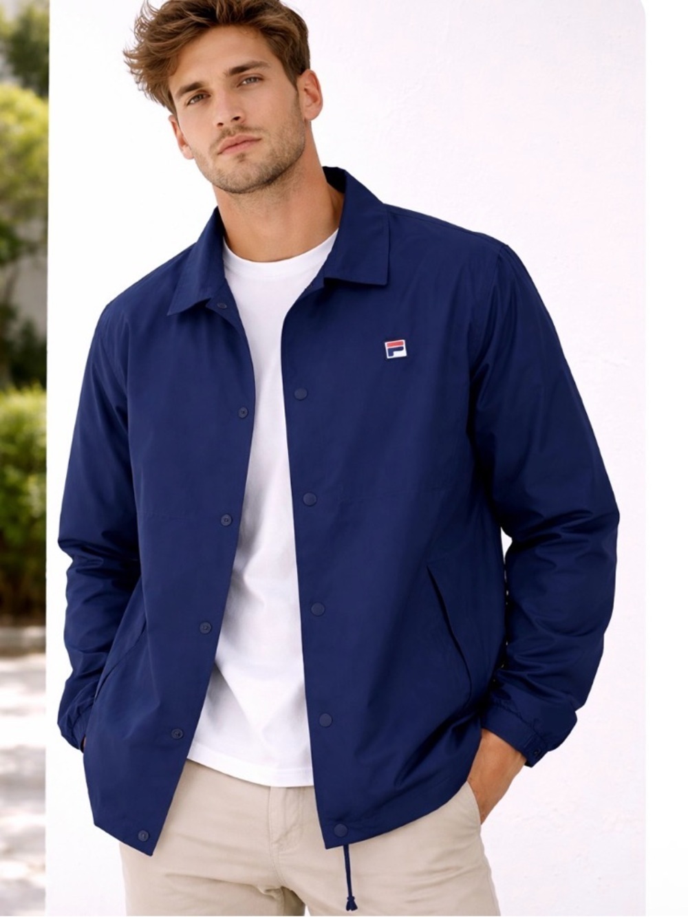 Fila men's windbreaker jacket button up pockets navy blue embroidered logo SZ M